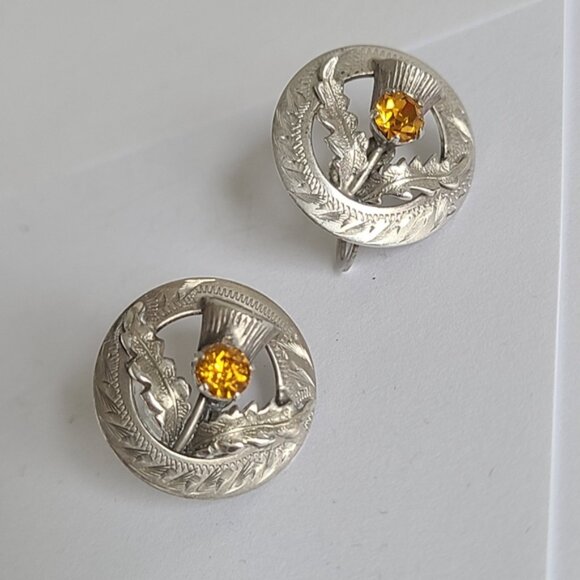 Vintage WB Scotland Sterling Silver Boho Yellow Citrine Circle Stud Earrings - Picture 5 of 13